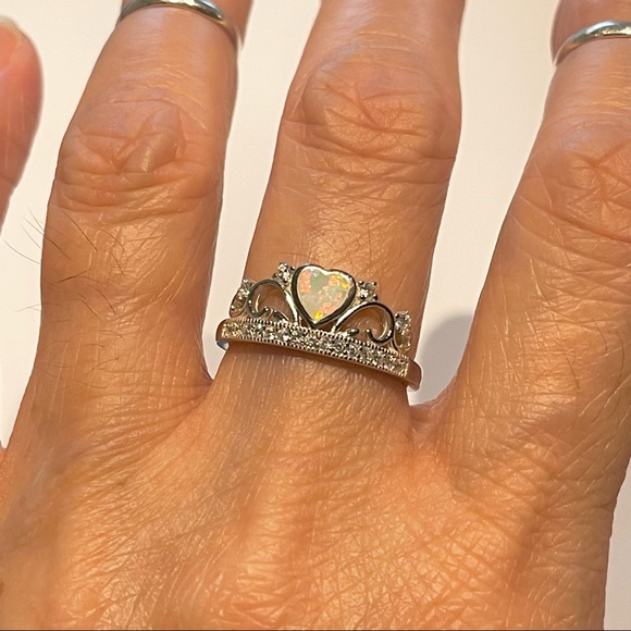 Sterling Silver White Lab Opal Heart with CZ Crown Ring, Silver Hearts Jewelry - Picture 3 of 12